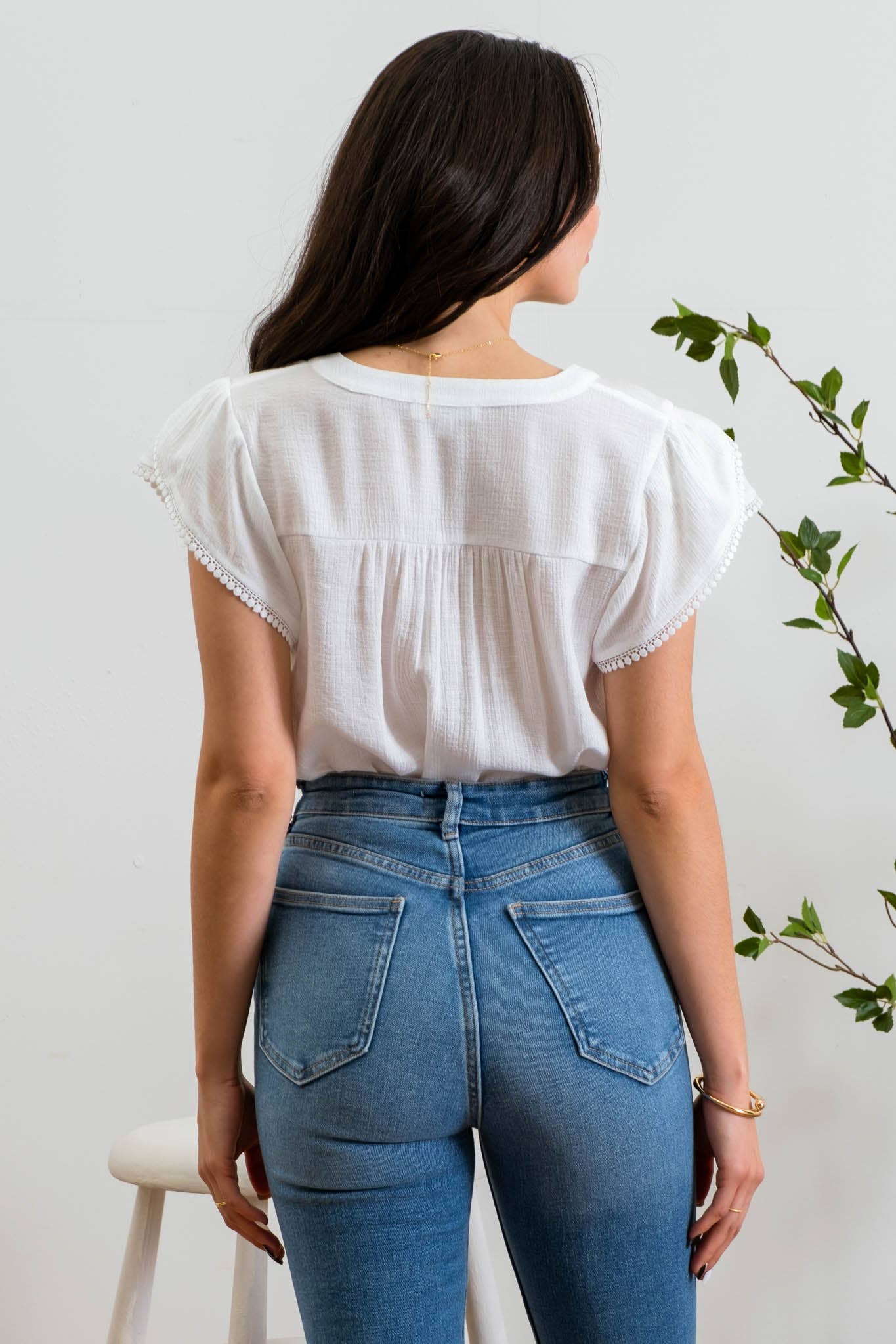 TOPS: SPLIT NECK PETAL TASSEL SLEEVE BLOUSE