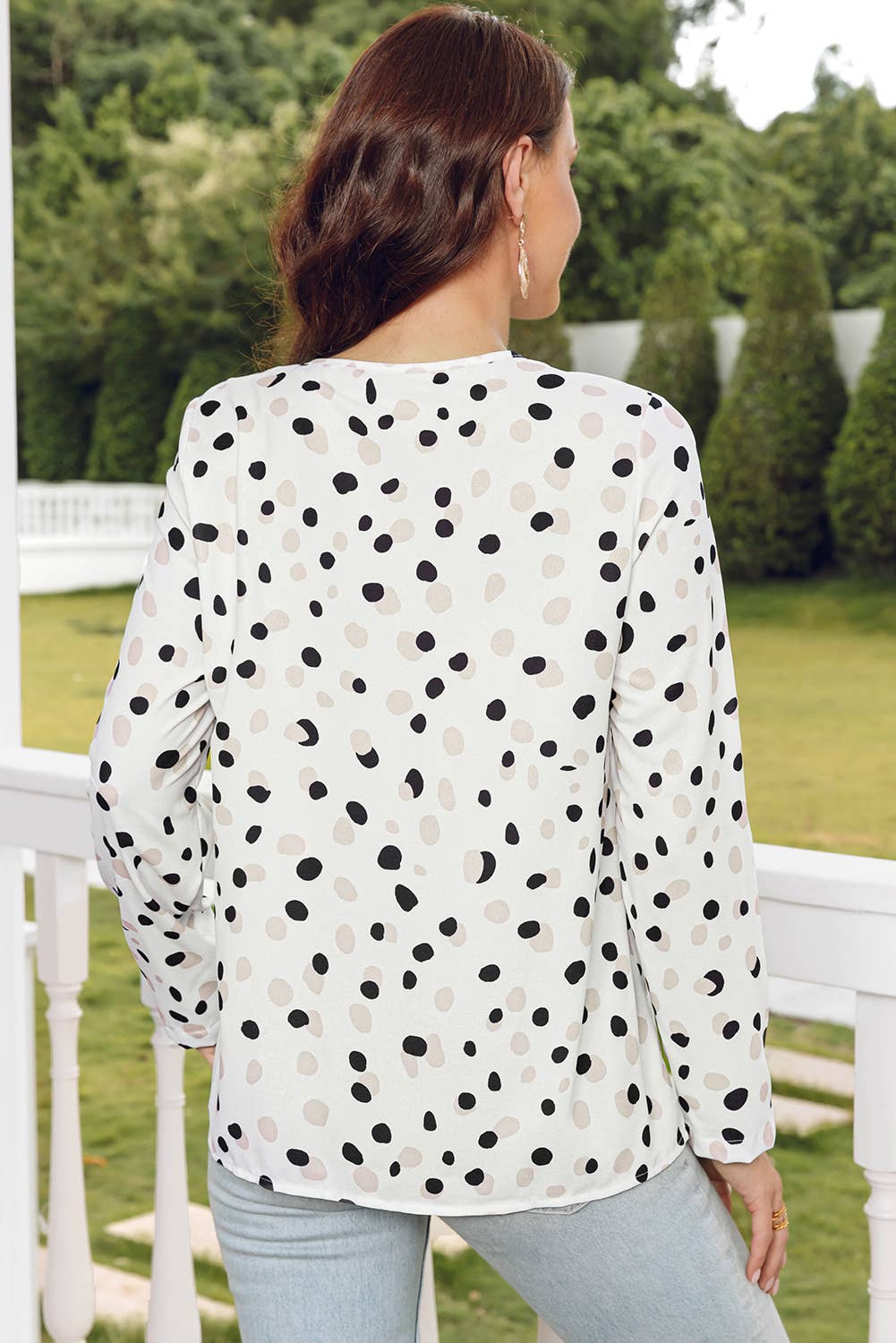 TOPS: Fashion-W Polka Dot Print Button Front V Neck Blouse