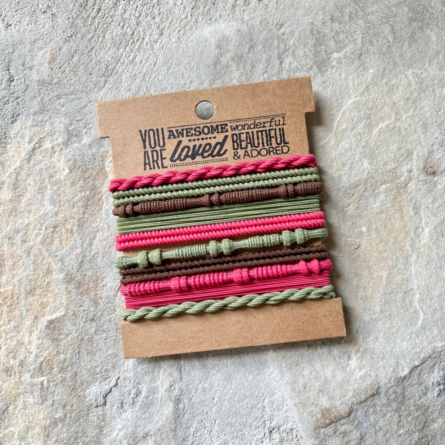 Basic Boho Hair Ties on Kraft Card | Hot Pink & Green