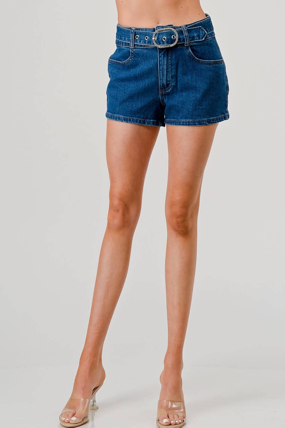 BOTTOMS: Shorts I6173HS - Medium Dark Wash - High Rise Belted Denim Shorts