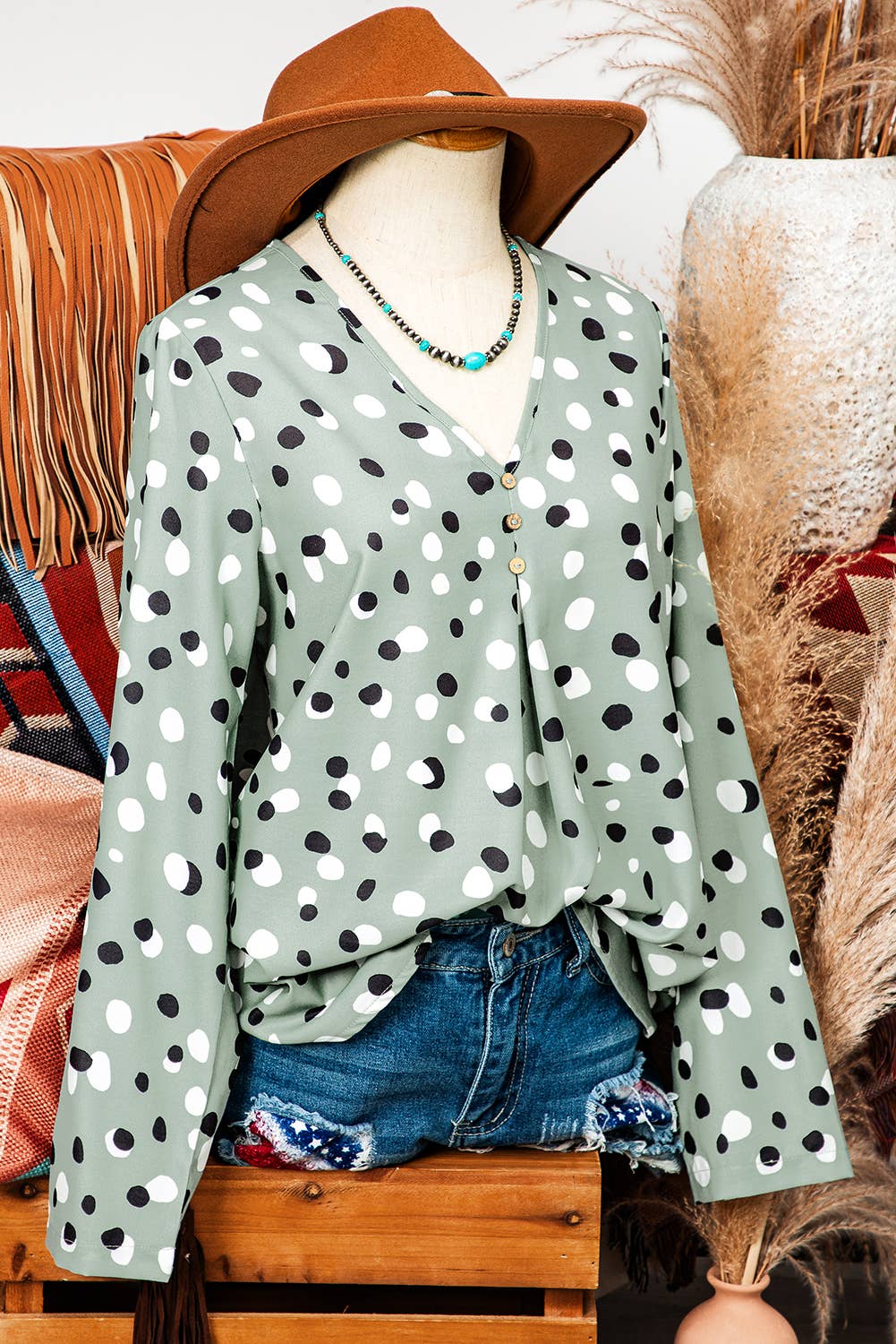 TOPS: Fashion-W Polka Dot Print Button Front V Neck Blouse
