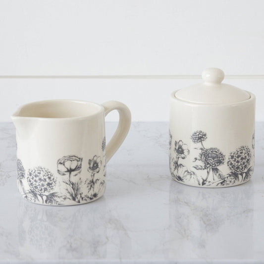 HOME: Black and White Botanical Cream and Sugar (Pair)