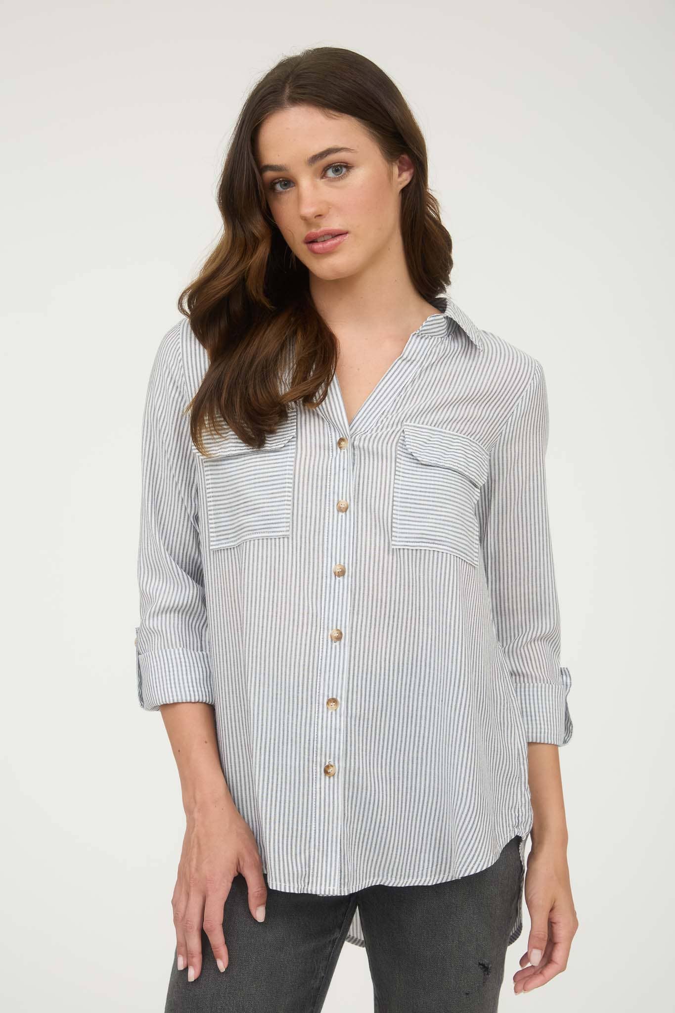 TOPS: STRIPED COLLARED BUTTON DOWN WITH POCKETS: BLACK