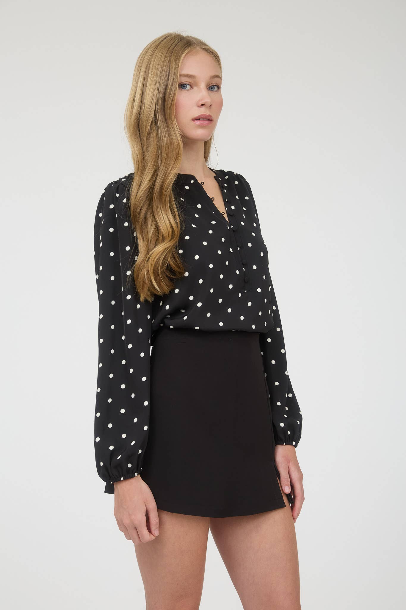 TOPS: POLKA DOT HENLEY LONG SLEEVE BLOUSE