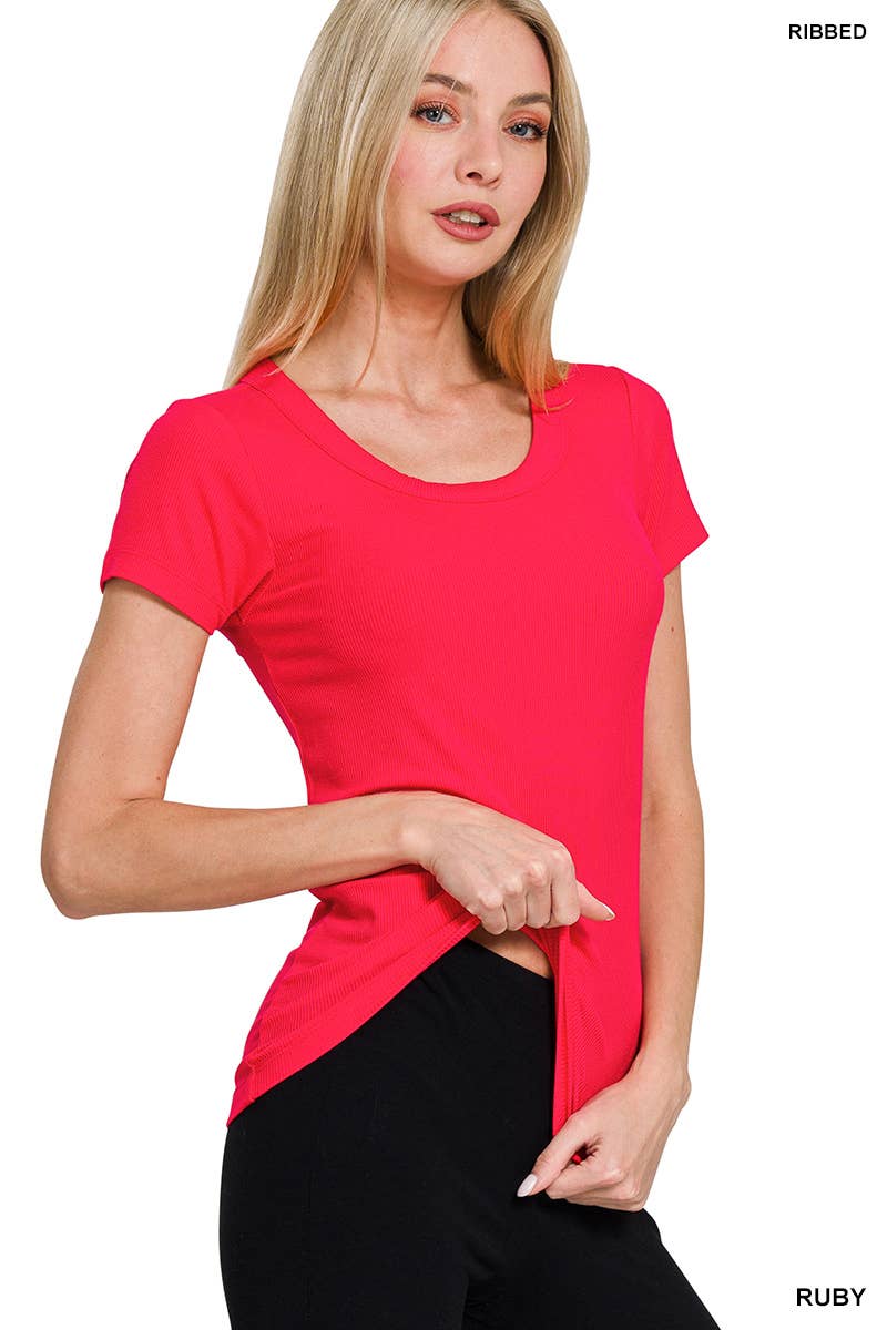 Ribbed Round Neck Short Sleeve Tee Shirts