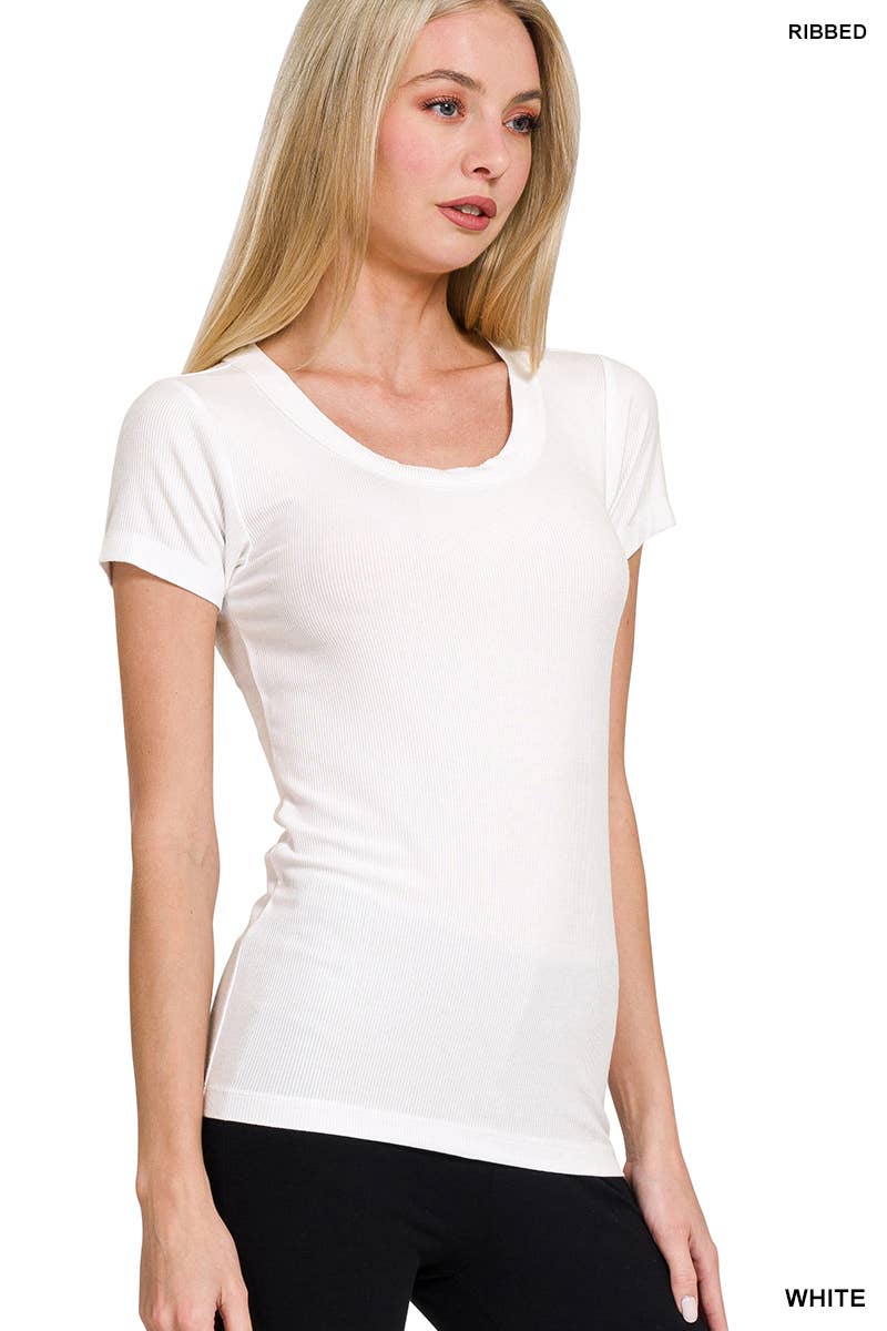 Ribbed Round Neck Short Sleeve Tee Shirts
