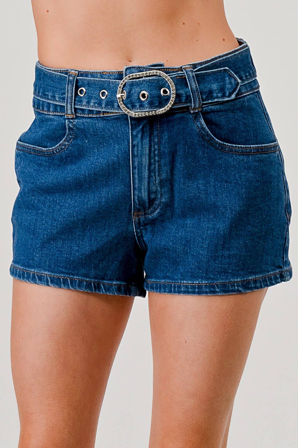 BOTTOMS: Shorts I6173HS - Medium Dark Wash - High Rise Belted Denim Shorts