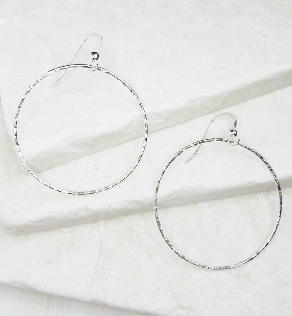 Silver Large Hammered Round Hoop Earrings