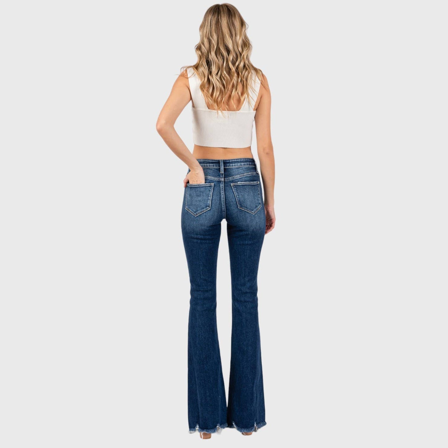 JEANS: DESTROYED PATCH WORK MID RISE FLARE W/ FRAYED HEM