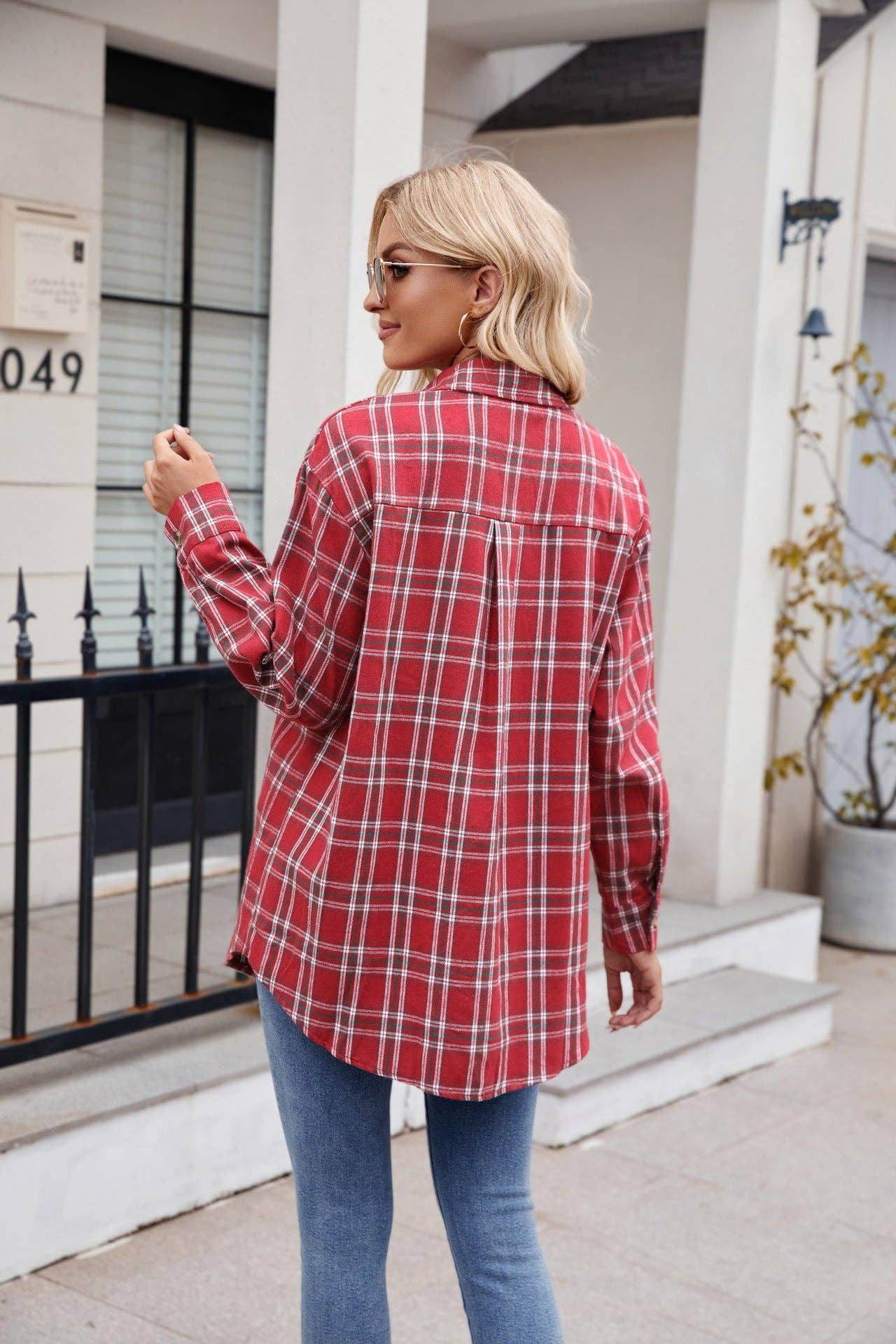 TOPS: Women's New Casual Fashion Loose Plaid Pocket Shirt