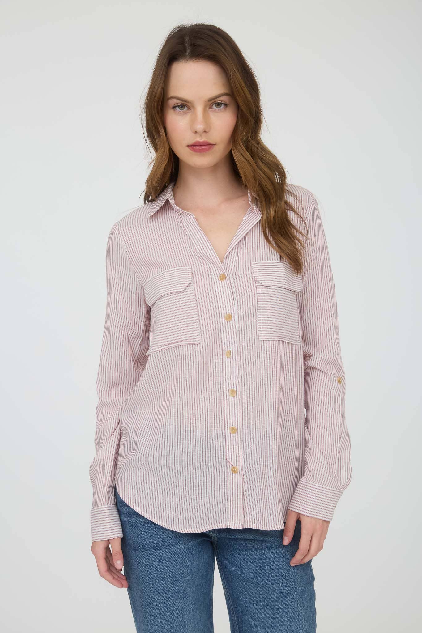 TOPS: STRIPED COLLARED BUTTON DOWN WITH POCKETS: BLACK