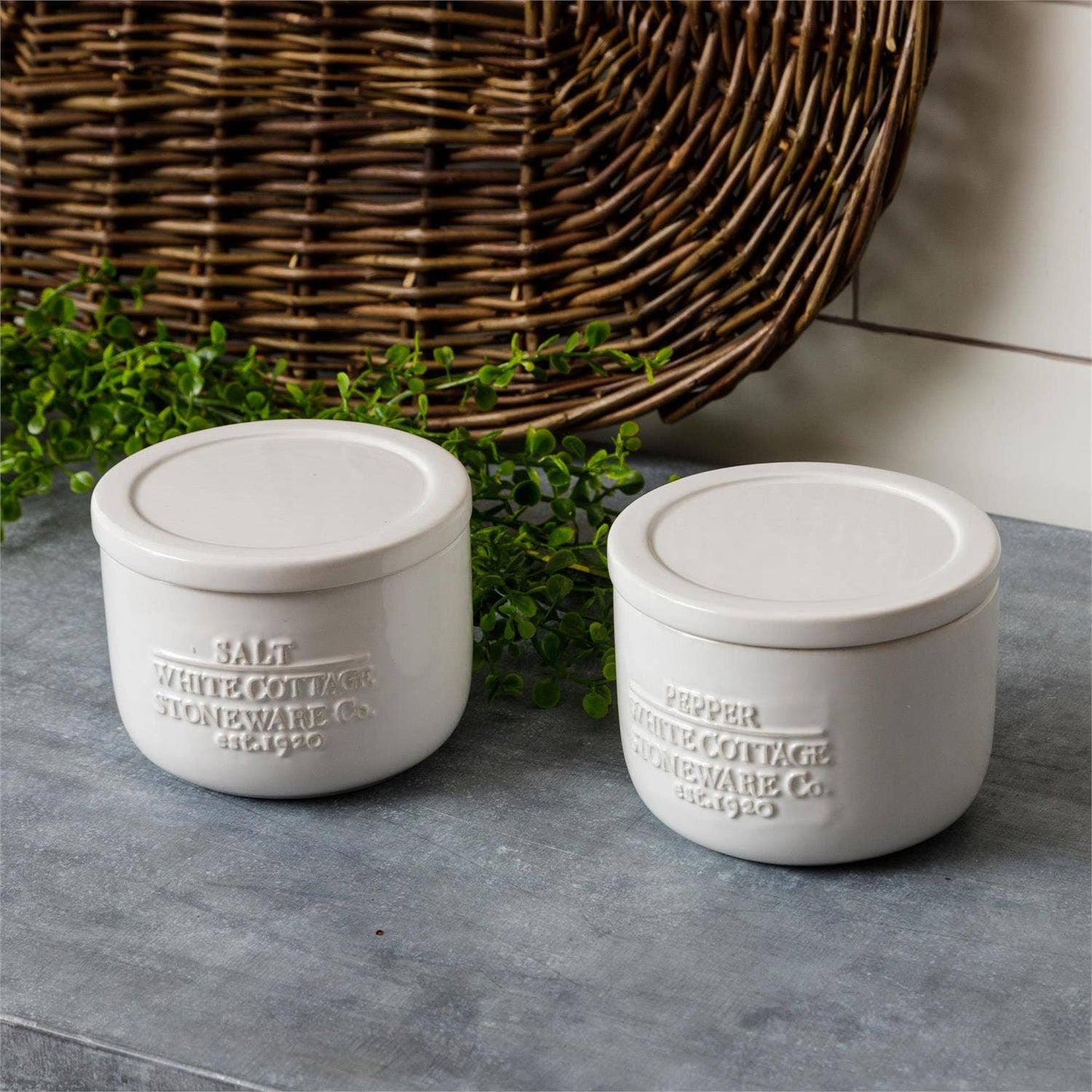 HOME: White Cottage Ceramic Salt And Pepper Cellar (Pair)