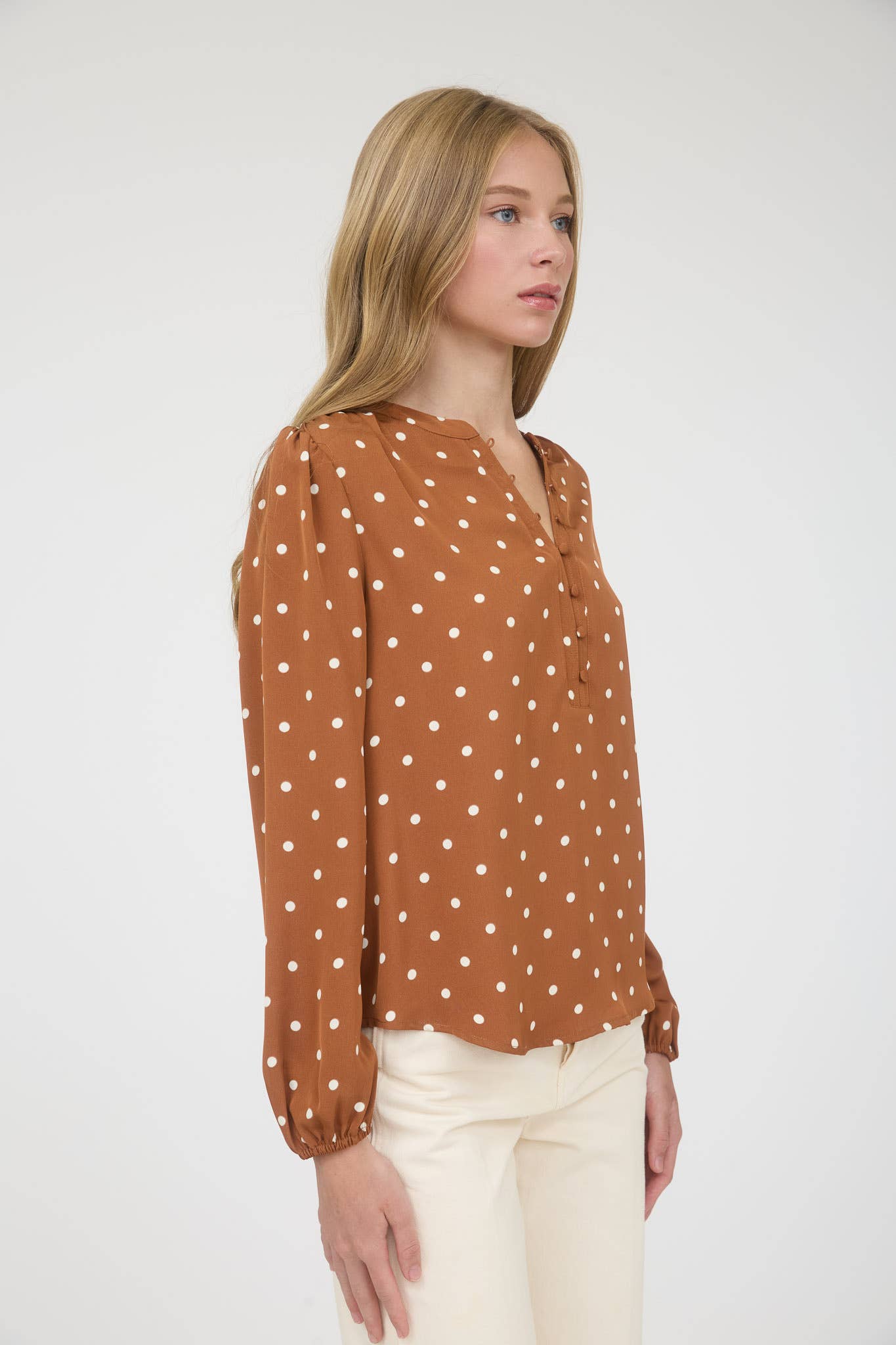 TOPS: POLKA DOT HENLEY LONG SLEEVE BLOUSE