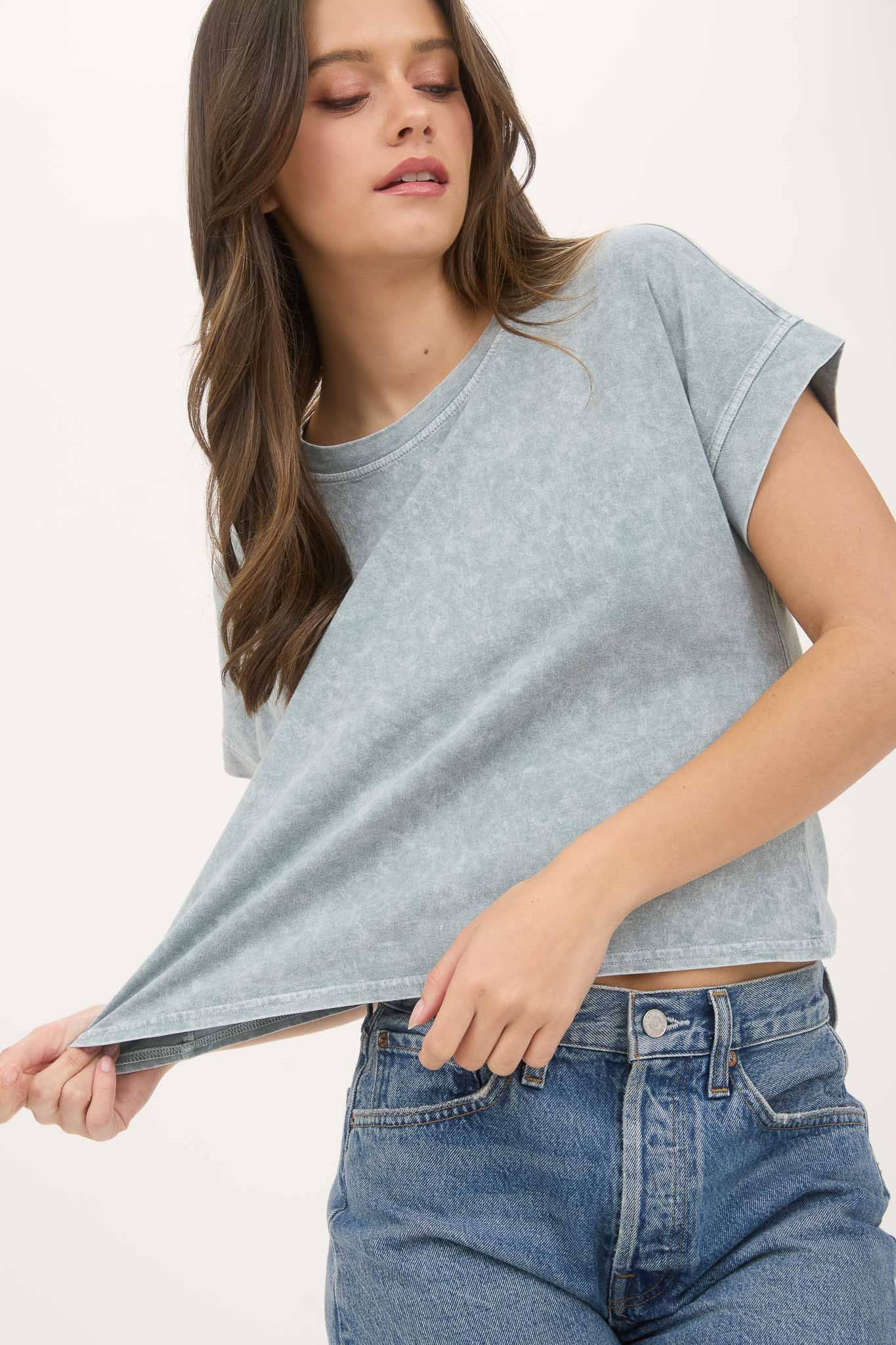 TOPS: WASHED EXTENDED SHOULDER SHORT SLEEVE KNIT TOP