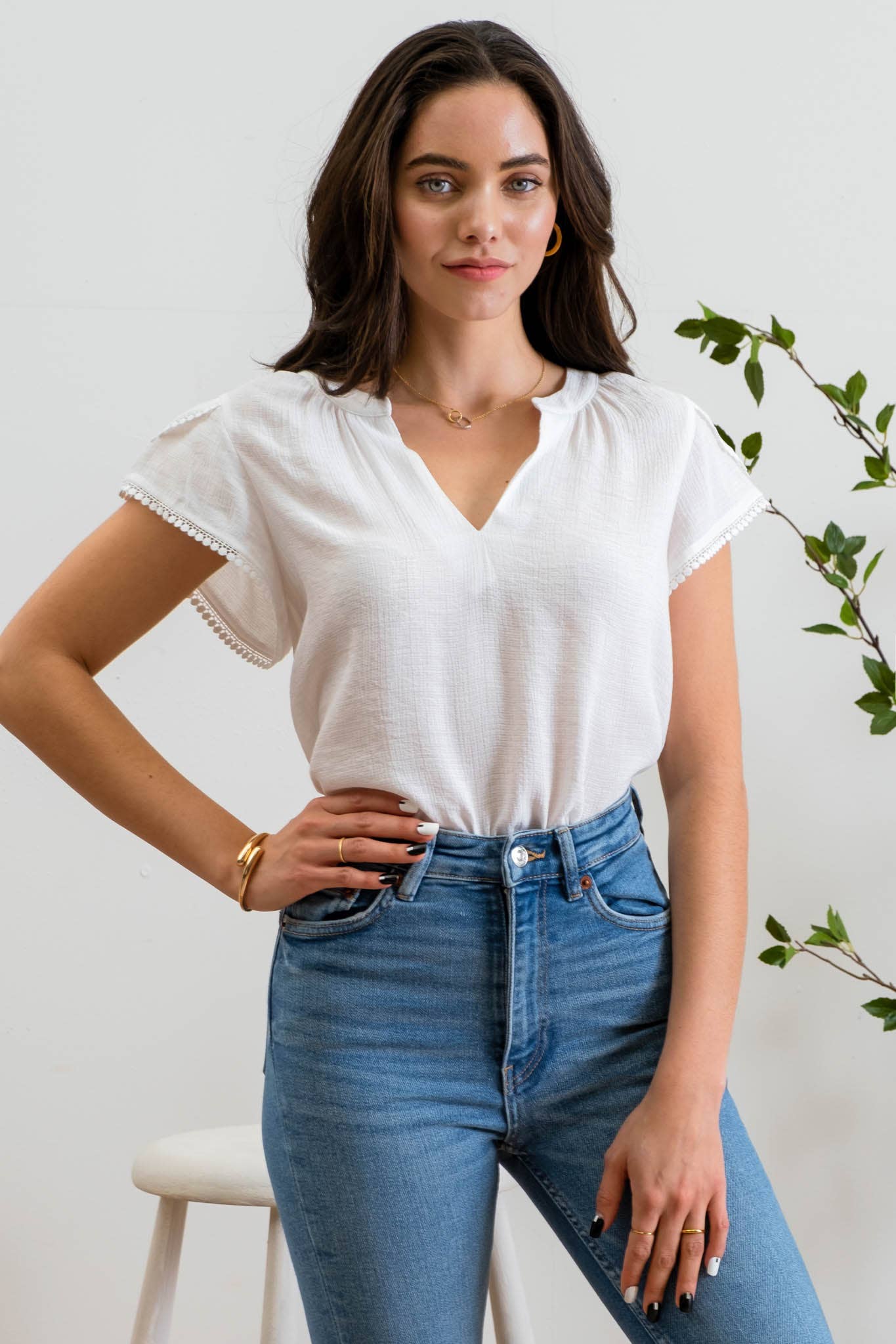 TOPS: SPLIT NECK PETAL TASSEL SLEEVE BLOUSE