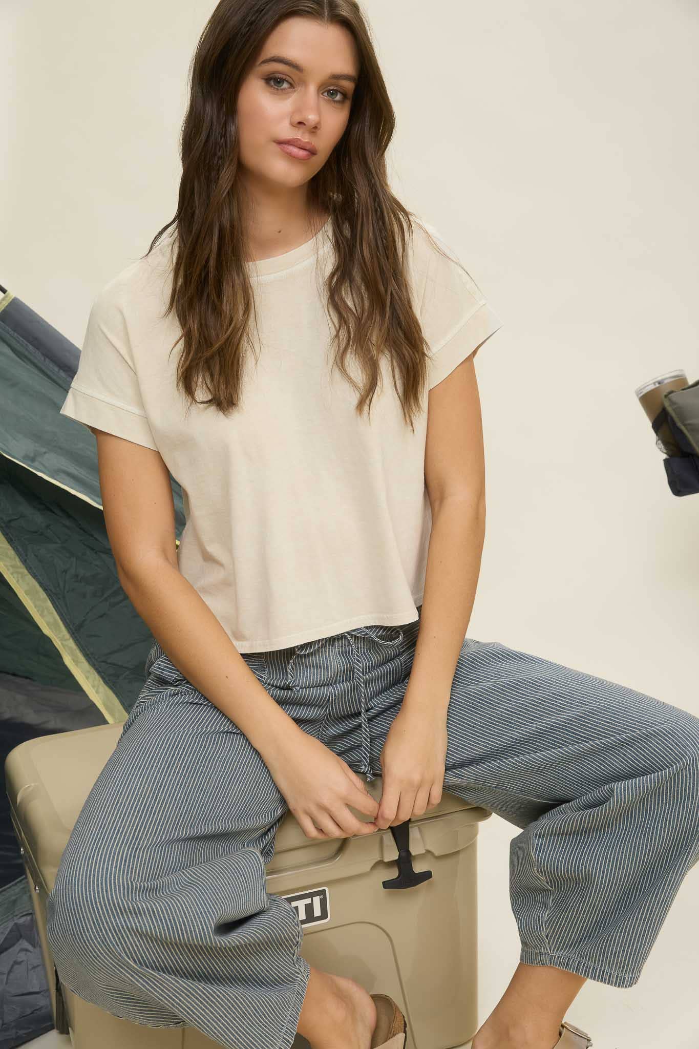TOPS: WASHED EXTENDED SHOULDER SHORT SLEEVE KNIT TOP