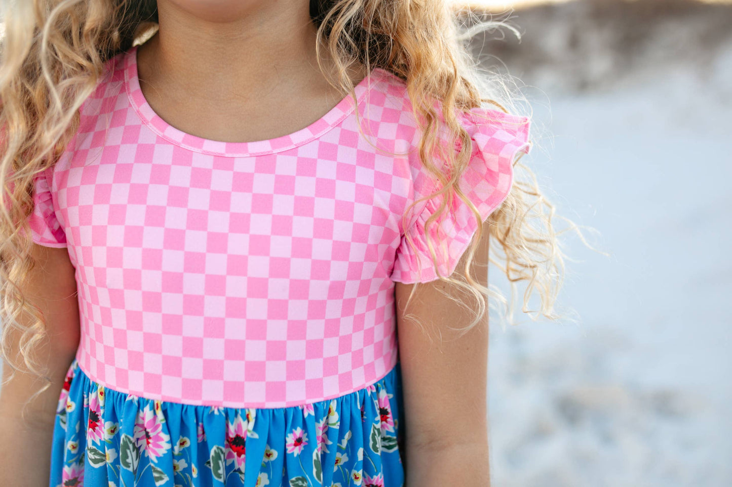 Girls Pink Check & Blue Floral Pocket Twirl Summer Dress