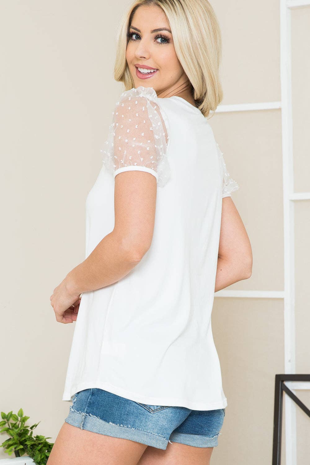 Organza Puff Sleeve Top-Swiss Dot