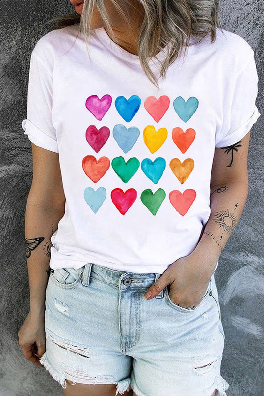 ALL TOPS: Colorful Heart Shaped Print Crew Neck T Shirt