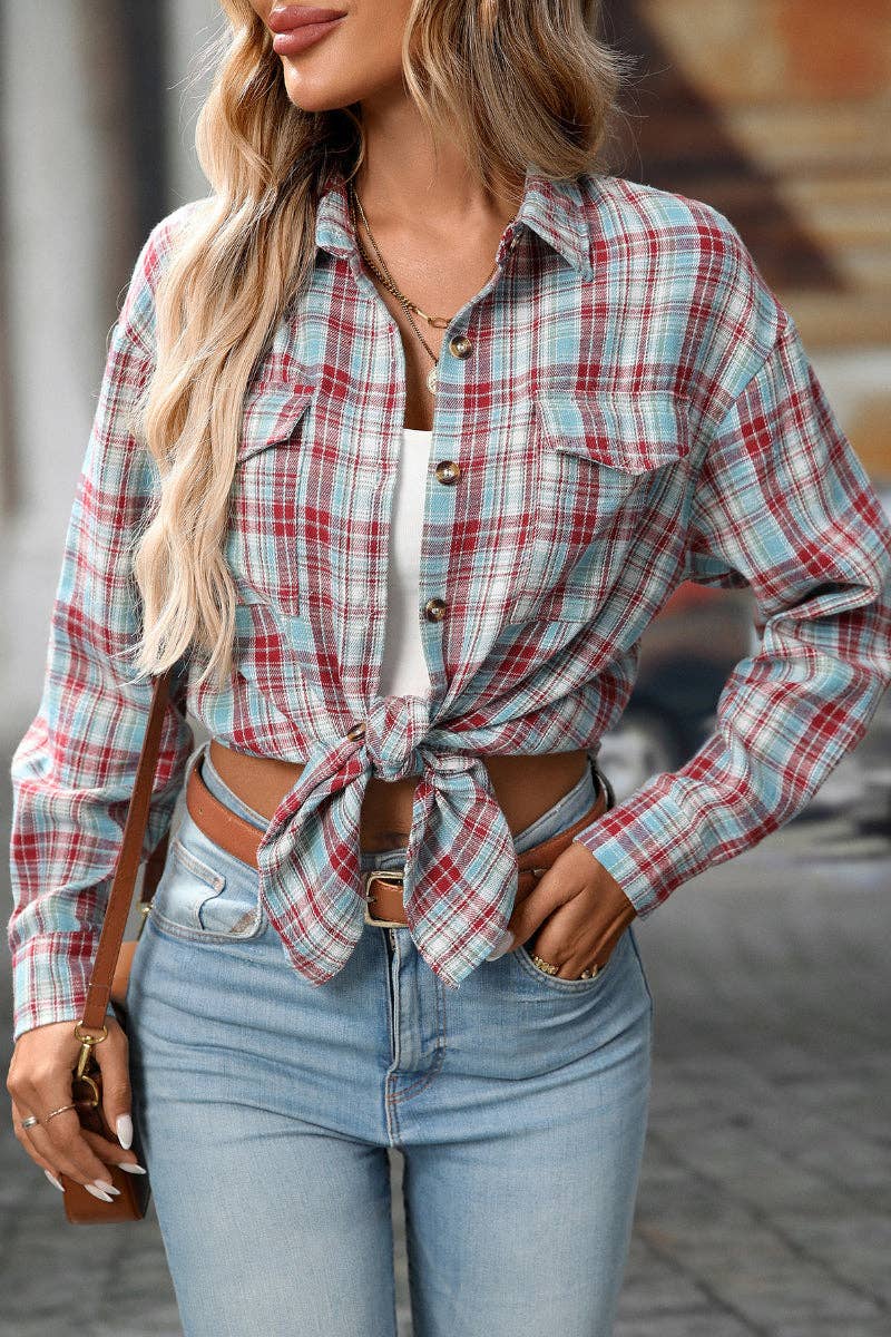 TOPS: Plaid Button Down Shirt with Chest Pockets and Tie Hem