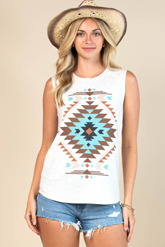 ALL TOPS: BARB AZTEC GRAPHIC SLEEVELESS TOP