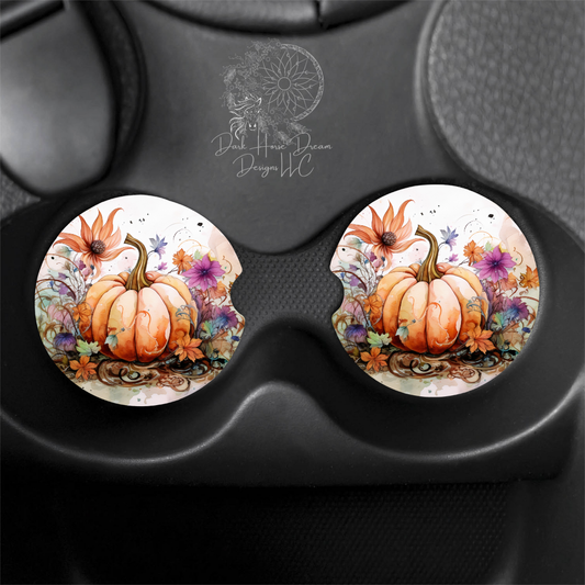 HOME: Fall Coaster Watercolor Pastel Floral/ Flower Pumpkin Car Coasters