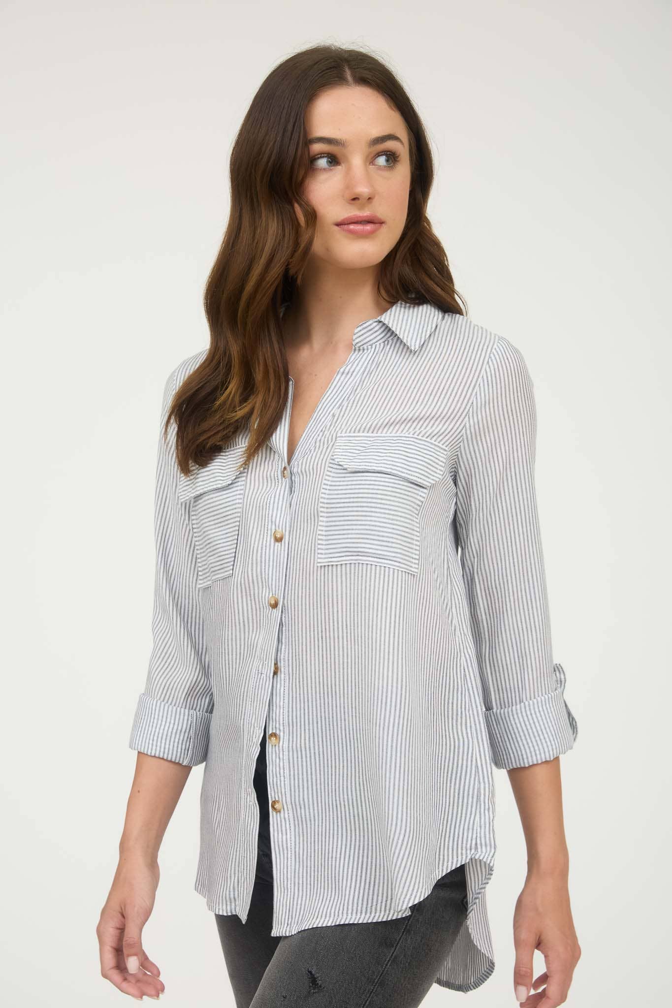 TOPS: STRIPED COLLARED BUTTON DOWN WITH POCKETS: BLACK