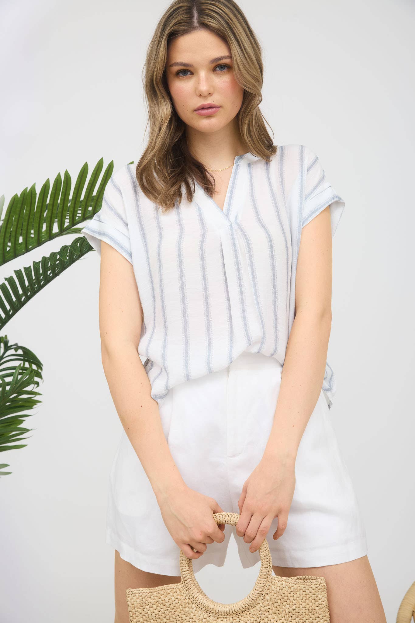 TOPS: STRIPE SPLIT NECK BACK BUTTON SHORT SLEEVE SHIRT