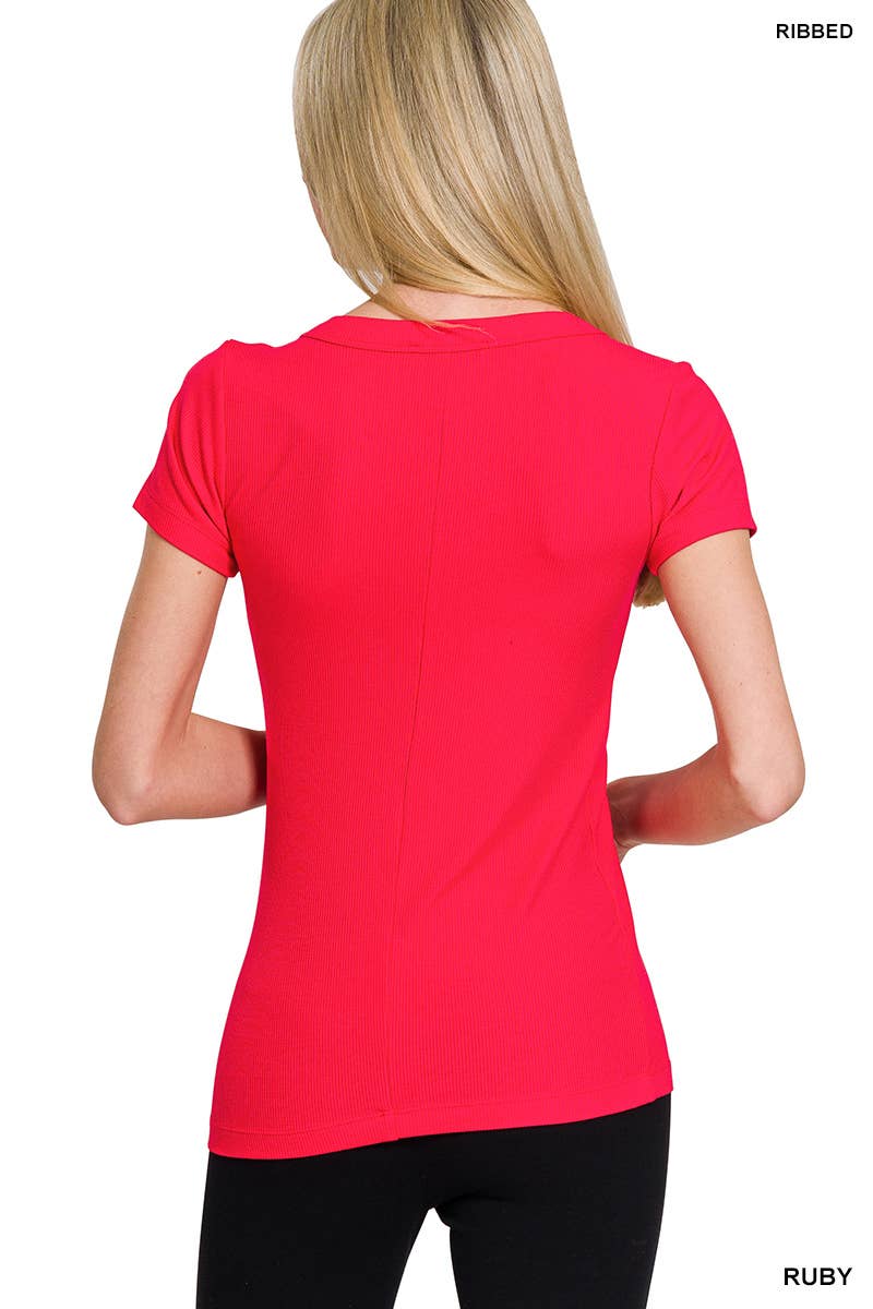 Ribbed Round Neck Short Sleeve Tee Shirts