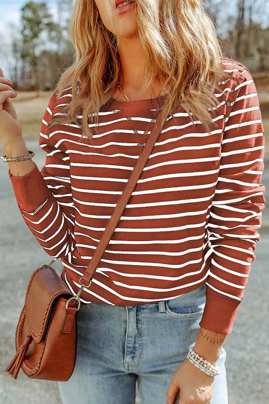 MUST HAVE TOPS: Casual Striped Print Ribbed Trim Long Sleeve Top