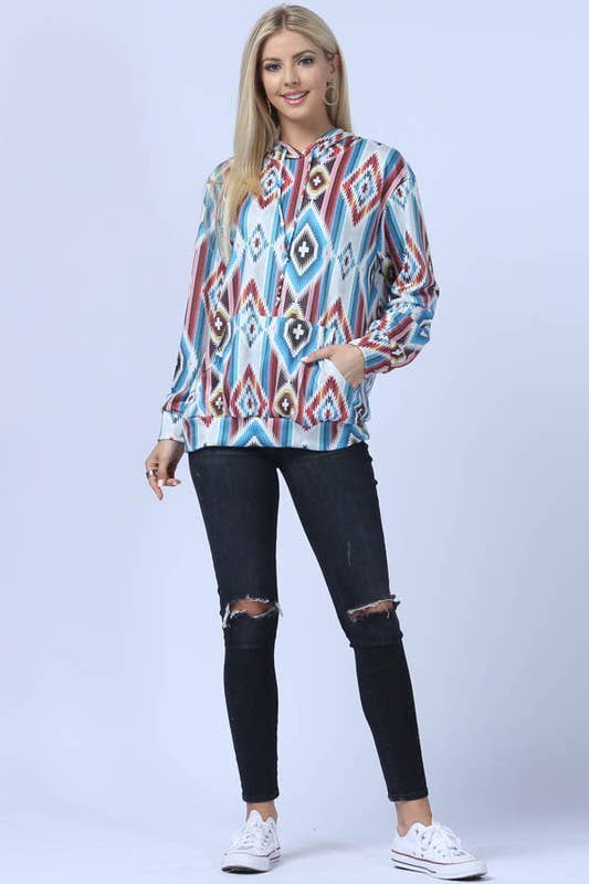 SWEATSHIRT: MANDY AZTEC PRINT FRENCH TERRY HOODIE