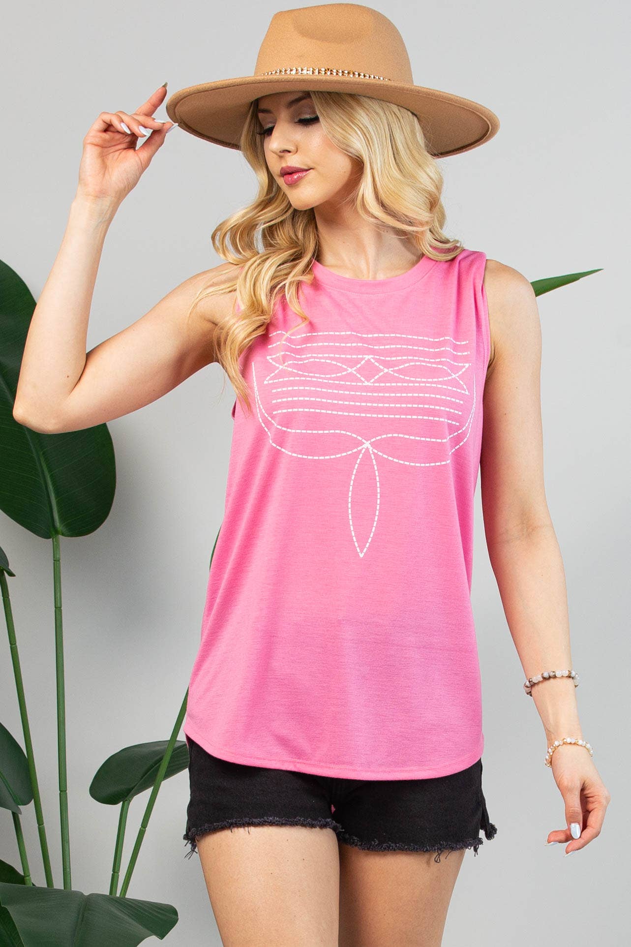 KRISTEN BOOT STITCH VINYL GRAPHIC SLEEVELESS TOP