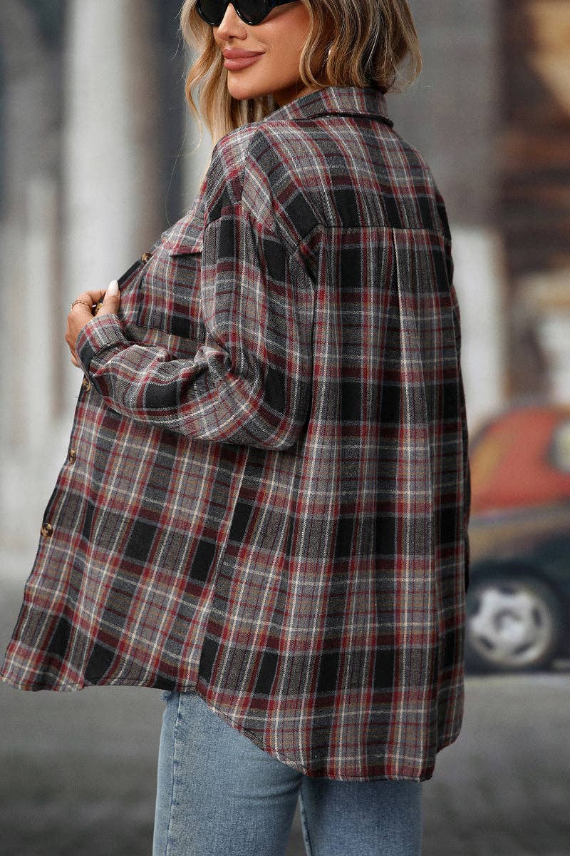 TOPS: Plaid Button Down Shirt with Chest Pockets and Tie Hem