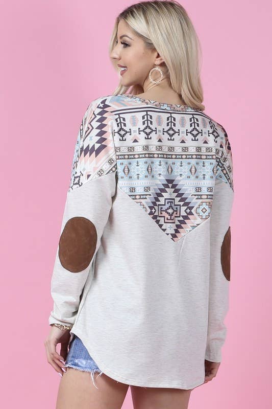 TOPS: MOLLY AZTEC PRINT COLOR BLOCK ELBOW PATCH TOP