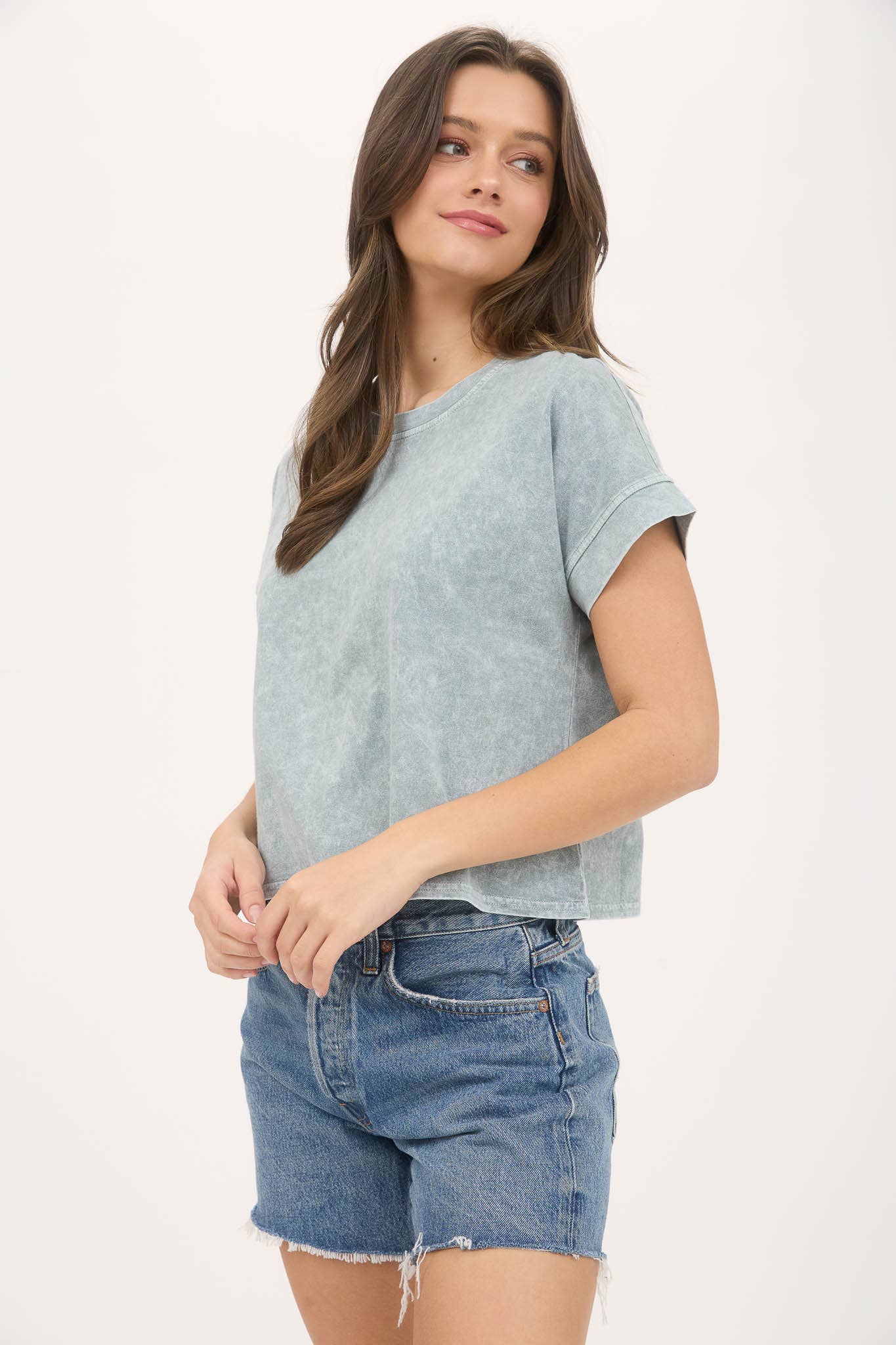 TOPS: WASHED EXTENDED SHOULDER SHORT SLEEVE KNIT TOP