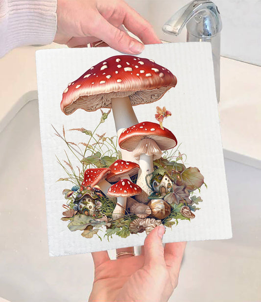 HOME: Mushroom Study SWEDISH DISHCLOTHS  Red & White Mushrooms Faires SWEDISH DISH CLOTH