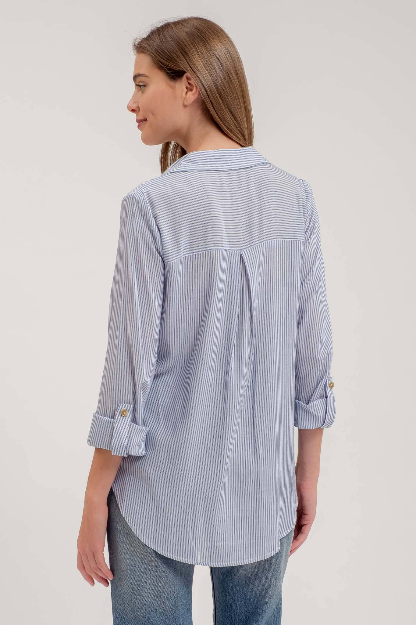 TOPS: STRIPED COLLARED BUTTON DOWN WITH POCKETS: BLACK