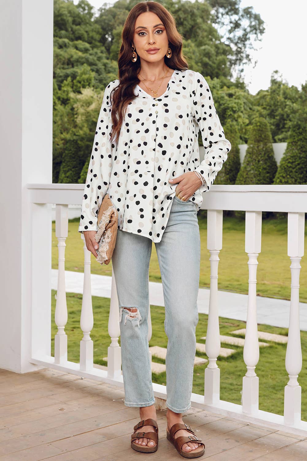 TOPS: Fashion-W Polka Dot Print Button Front V Neck Blouse
