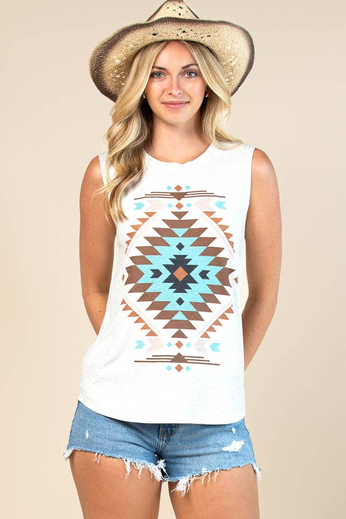 ALL TOPS: BARB AZTEC GRAPHIC SLEEVELESS TOP