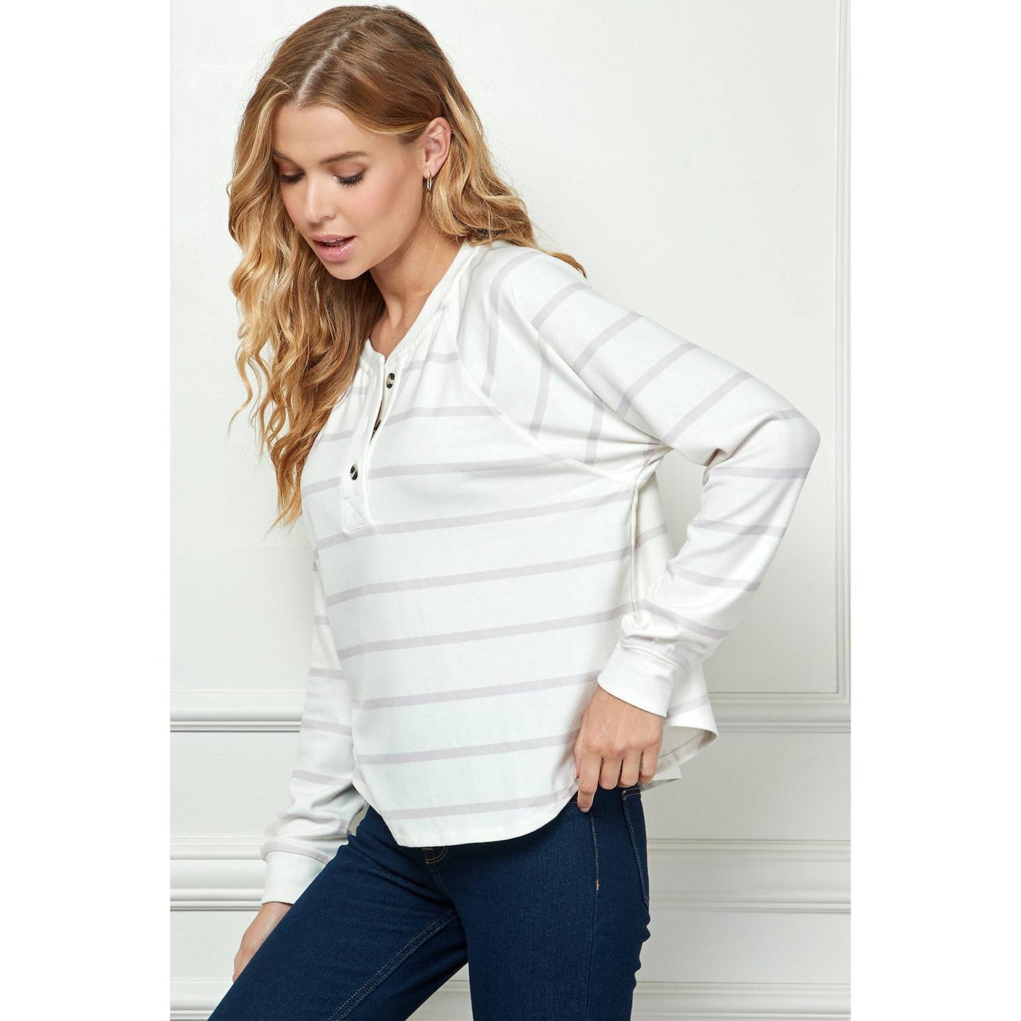 TOPS: LONG SLEEVE STRIPED KNIT TOP WITH BUTTON