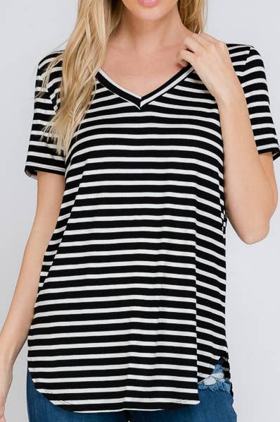 TOPS: Striped Short Sleeve V Neck Top