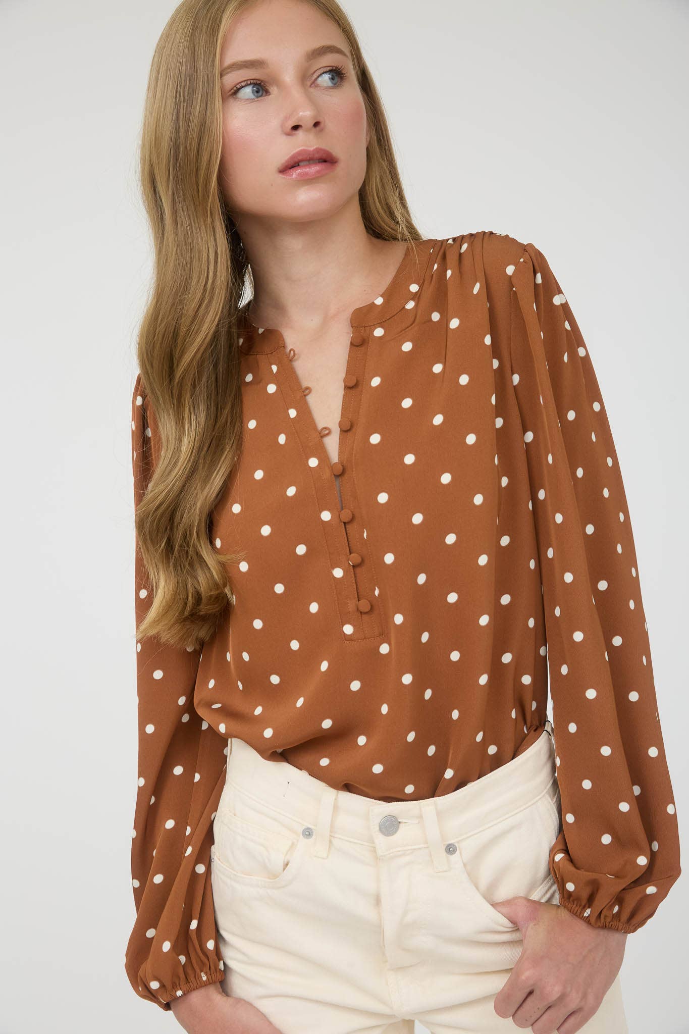TOPS: POLKA DOT HENLEY LONG SLEEVE BLOUSE