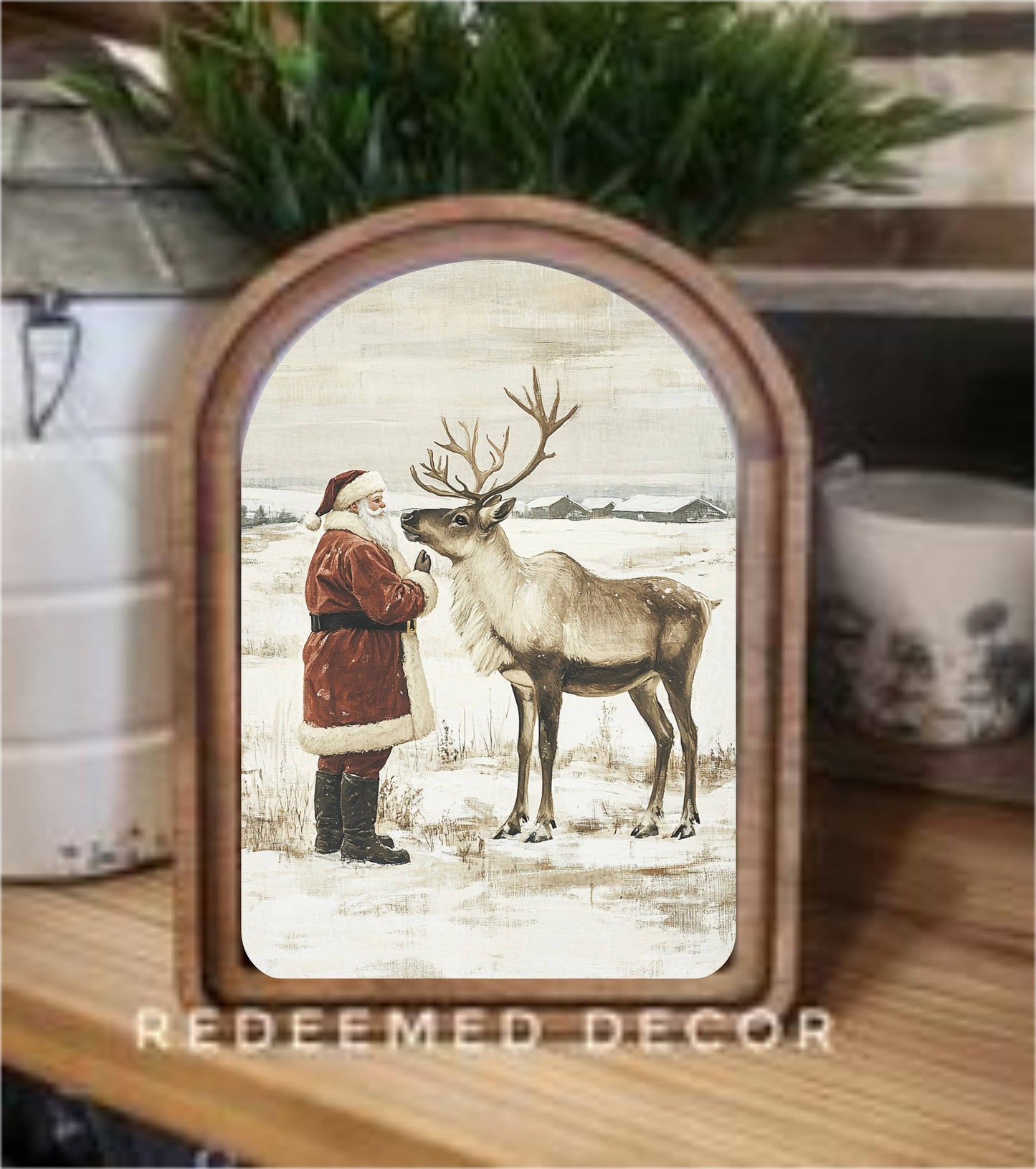 HOME: Christmas Arch Top Santa Reindeer Neutral Framed Art