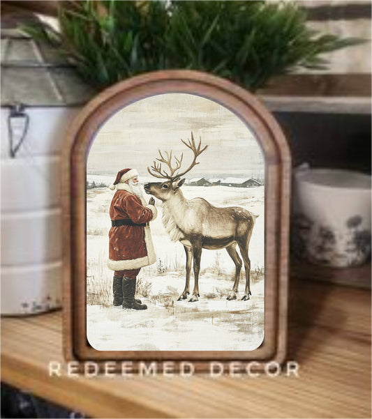 HOME: Christmas Arch Top Santa Reindeer Neutral Framed Art