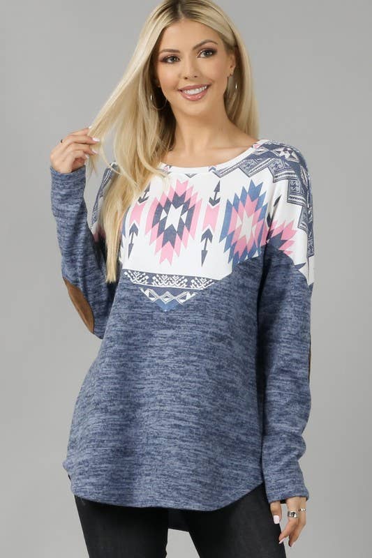 LAST CALL: ANDREA AZTEC PRINT COLOR BLOCK ELBOW PATCH TOP