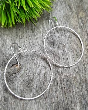 Silver Large Hammered Round Hoop Earrings