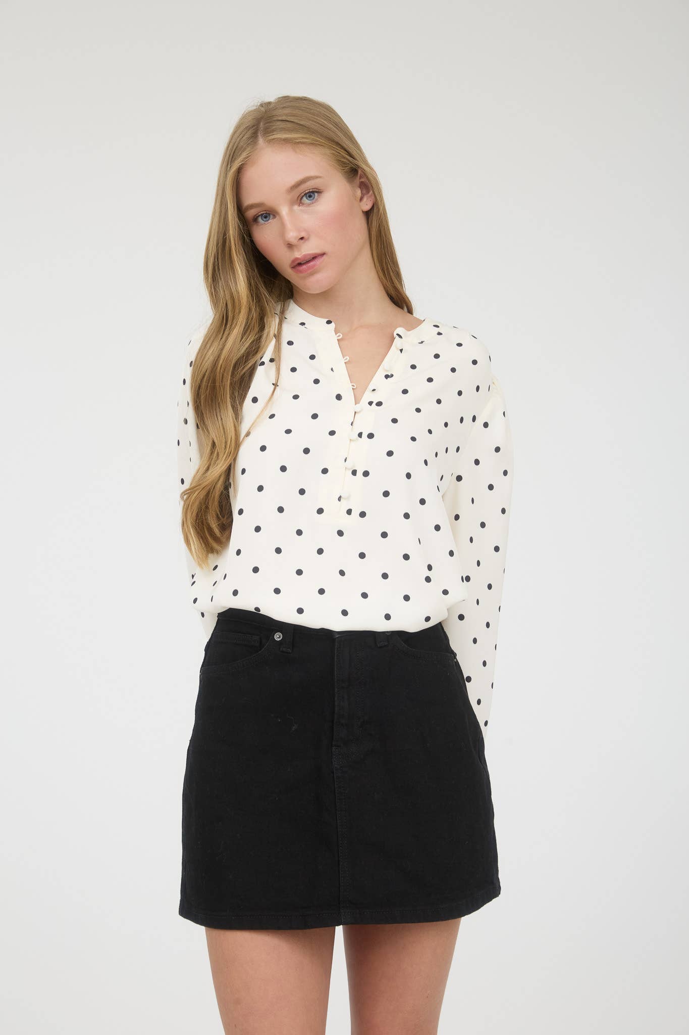 TOPS: POLKA DOT HENLEY LONG SLEEVE BLOUSE
