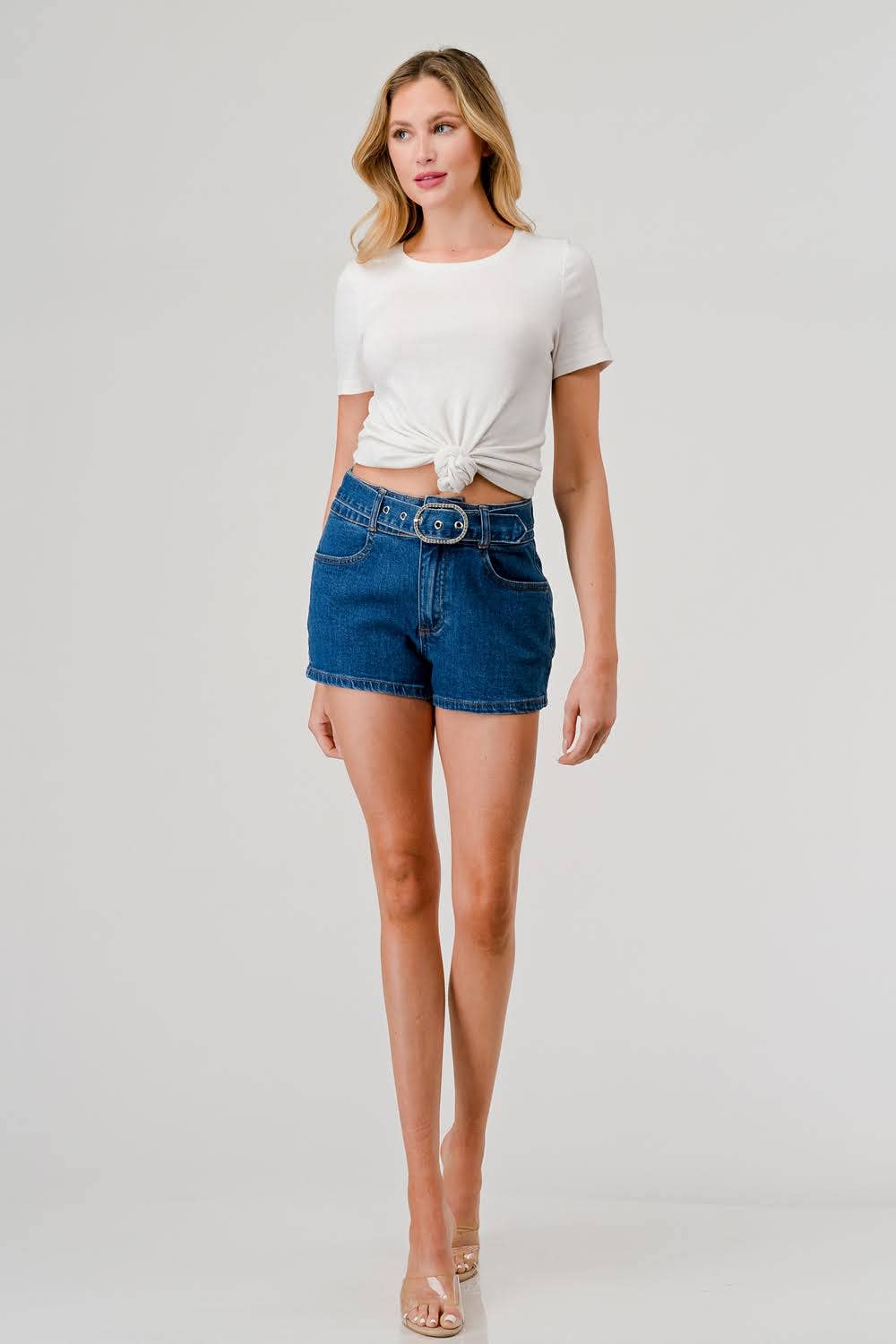 BOTTOMS: Shorts I6173HS - Medium Dark Wash - High Rise Belted Denim Shorts