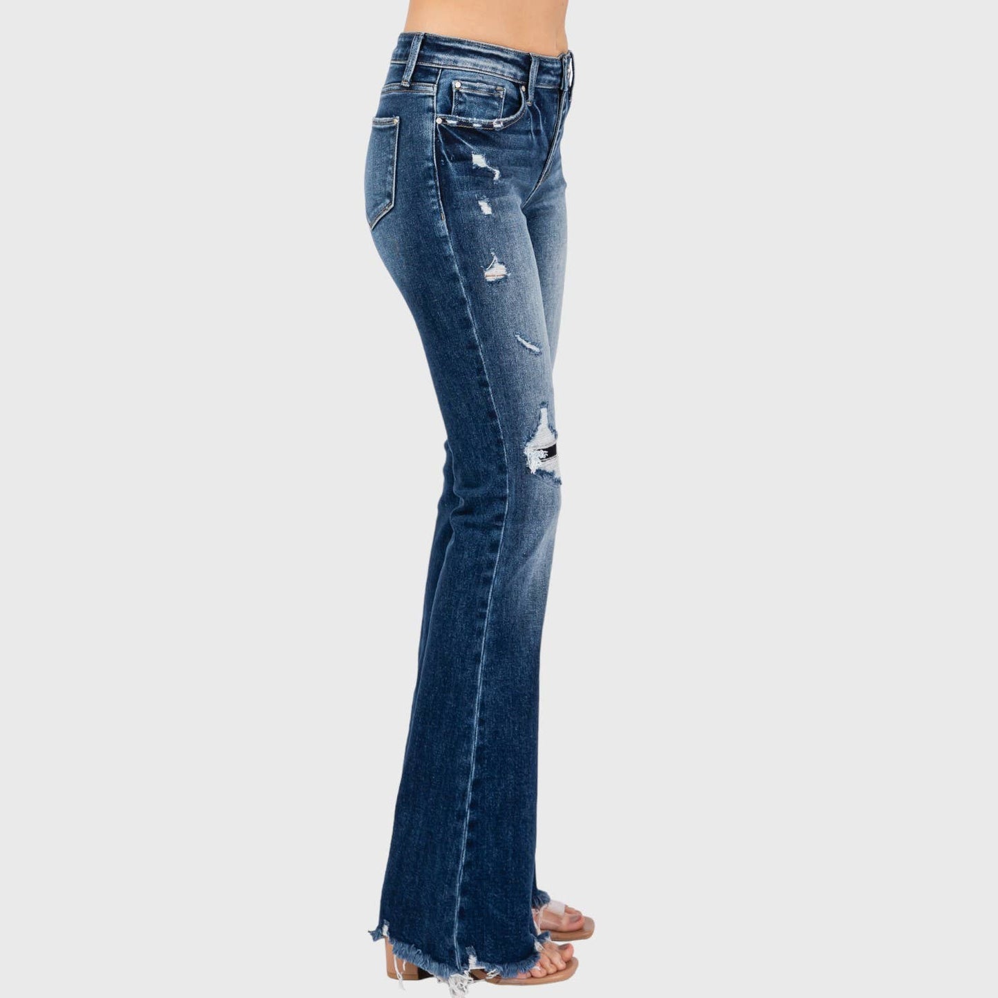 JEANS: DESTROYED PATCH WORK MID RISE FLARE W/ FRAYED HEM