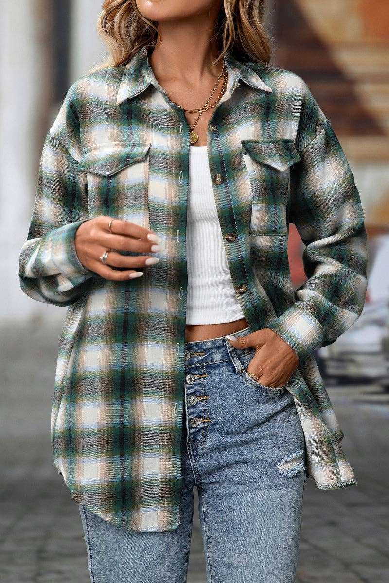 TOPS: Plaid Button Down Shirt with Chest Pockets and Tie Hem